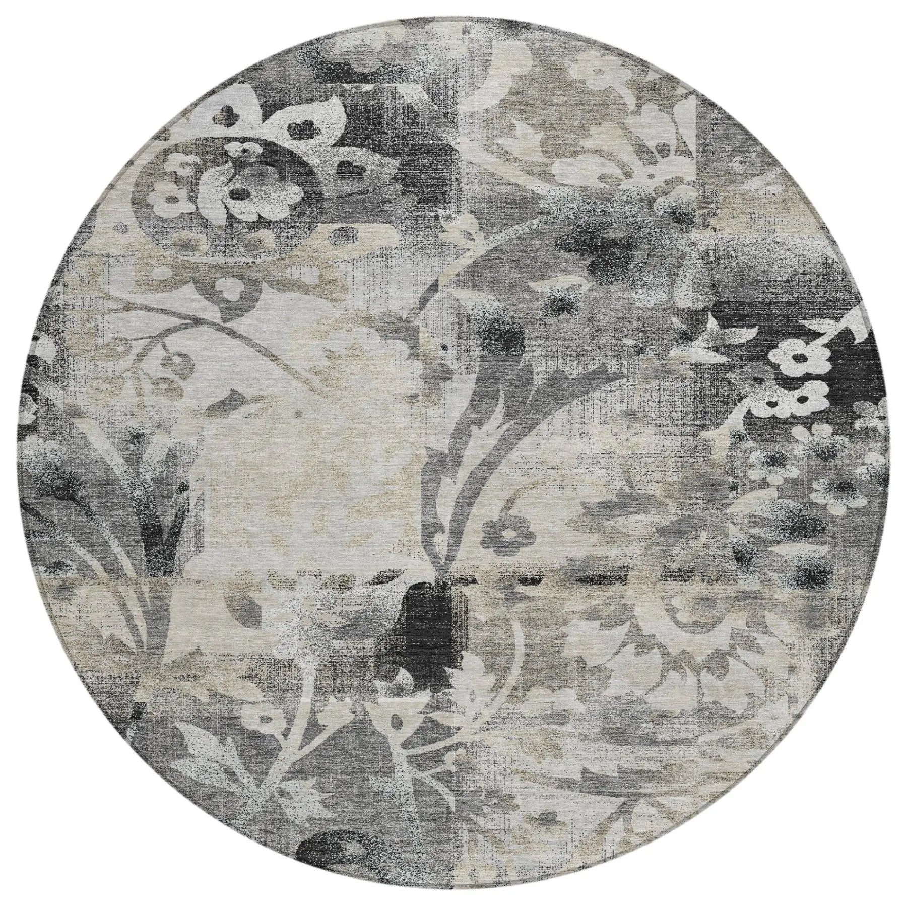 8' Black And Silver Round Botanical Leaves Washable Indoor Outdoor Area Rug Homeroots Outdoor