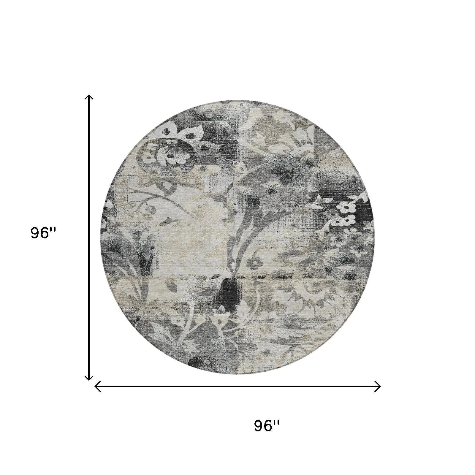 8' Black And Silver Round Botanical Leaves Washable Indoor Outdoor Area Rug Homeroots Outdoor