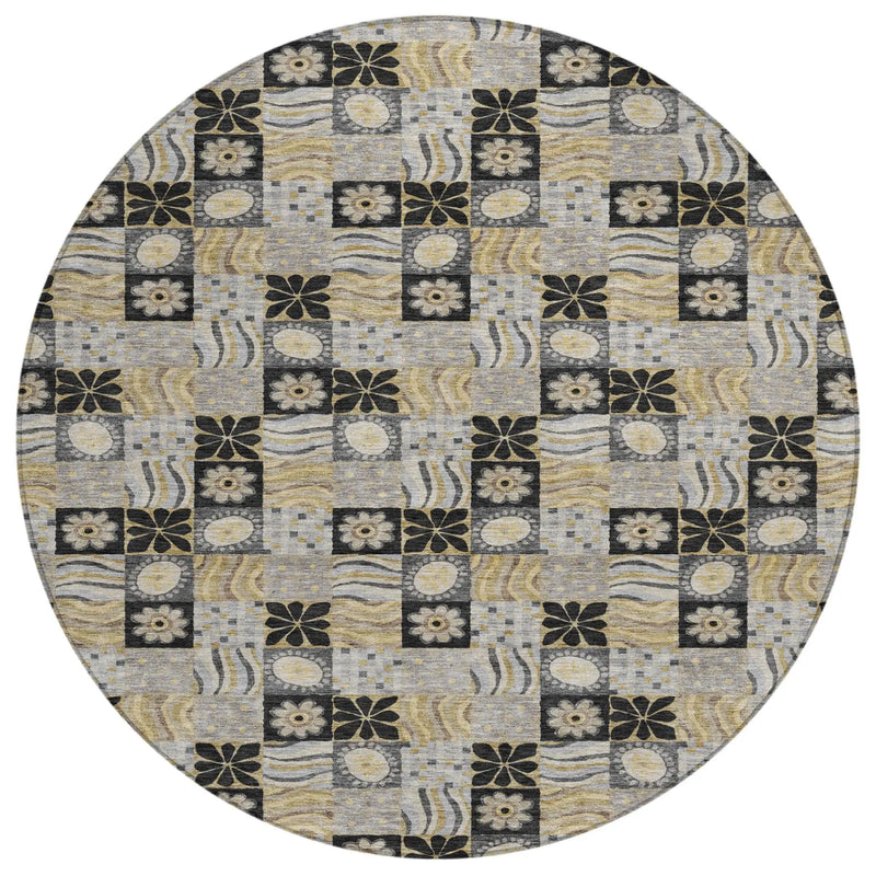 8' Black And Silver Round Floral Washable Indoor Outdoor Area Rug Homeroots Outdoor