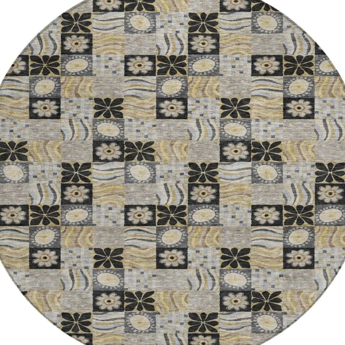 8' Black And Silver Round Floral Washable Indoor Outdoor Area Rug Homeroots Outdoor