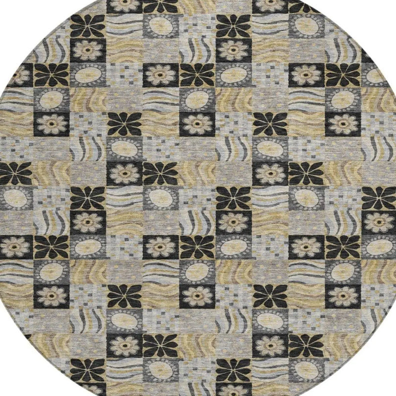 8' Black And Silver Round Floral Washable Indoor Outdoor Area Rug Homeroots Outdoor