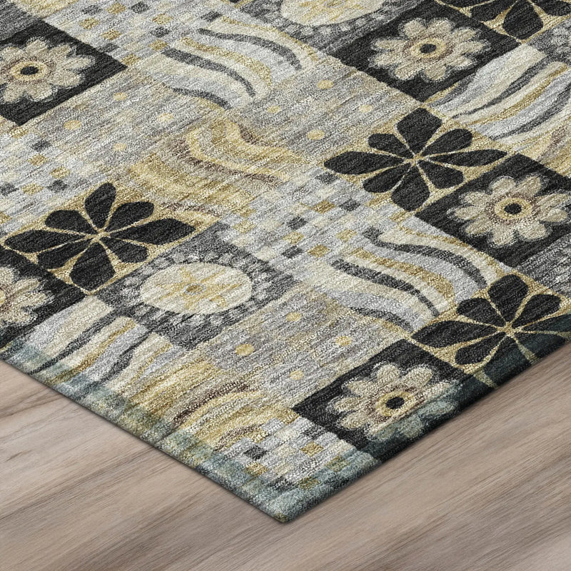 8' Black And Silver Round Floral Washable Indoor Outdoor Area Rug Homeroots Outdoor