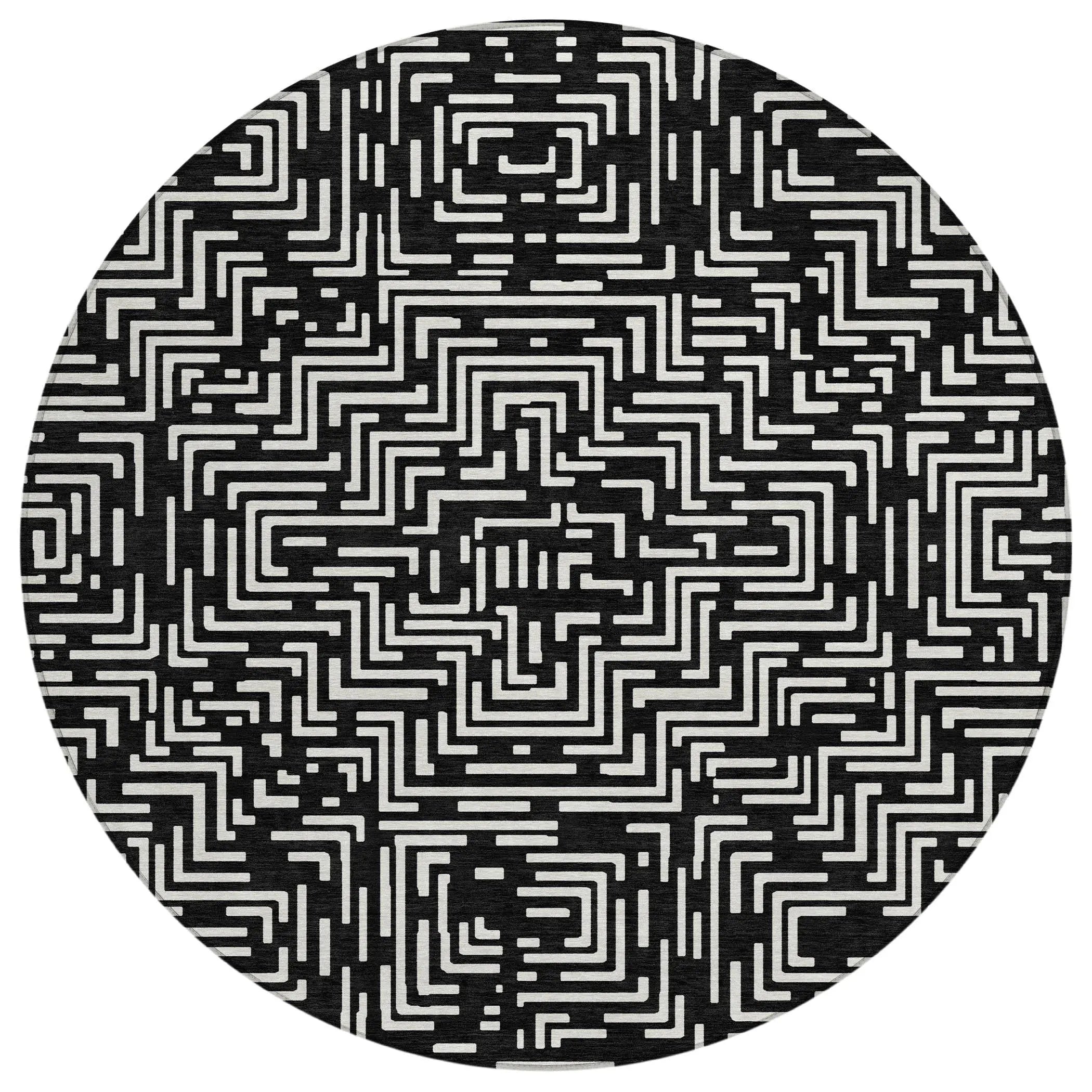 8' Black And Silver Round Geometric Washable Indoor Outdoor Area Rug Homeroots Outdoor