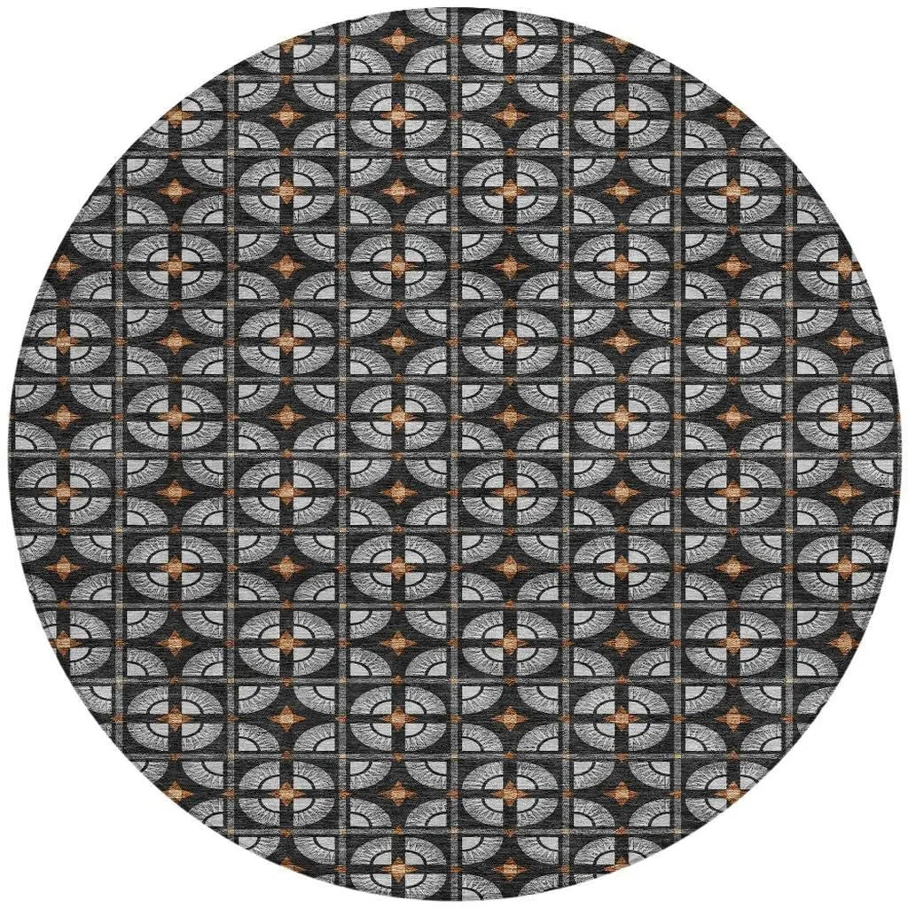 8' Black And Silver Round Geometric Washable Indoor Outdoor Area Rug Homeroots Outdoor