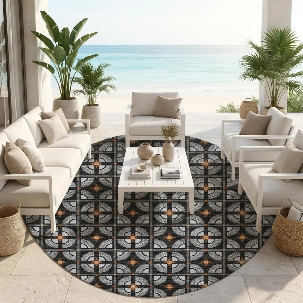 8' Black And Silver Round Geometric Washable Indoor Outdoor Area Rug Homeroots Outdoor
