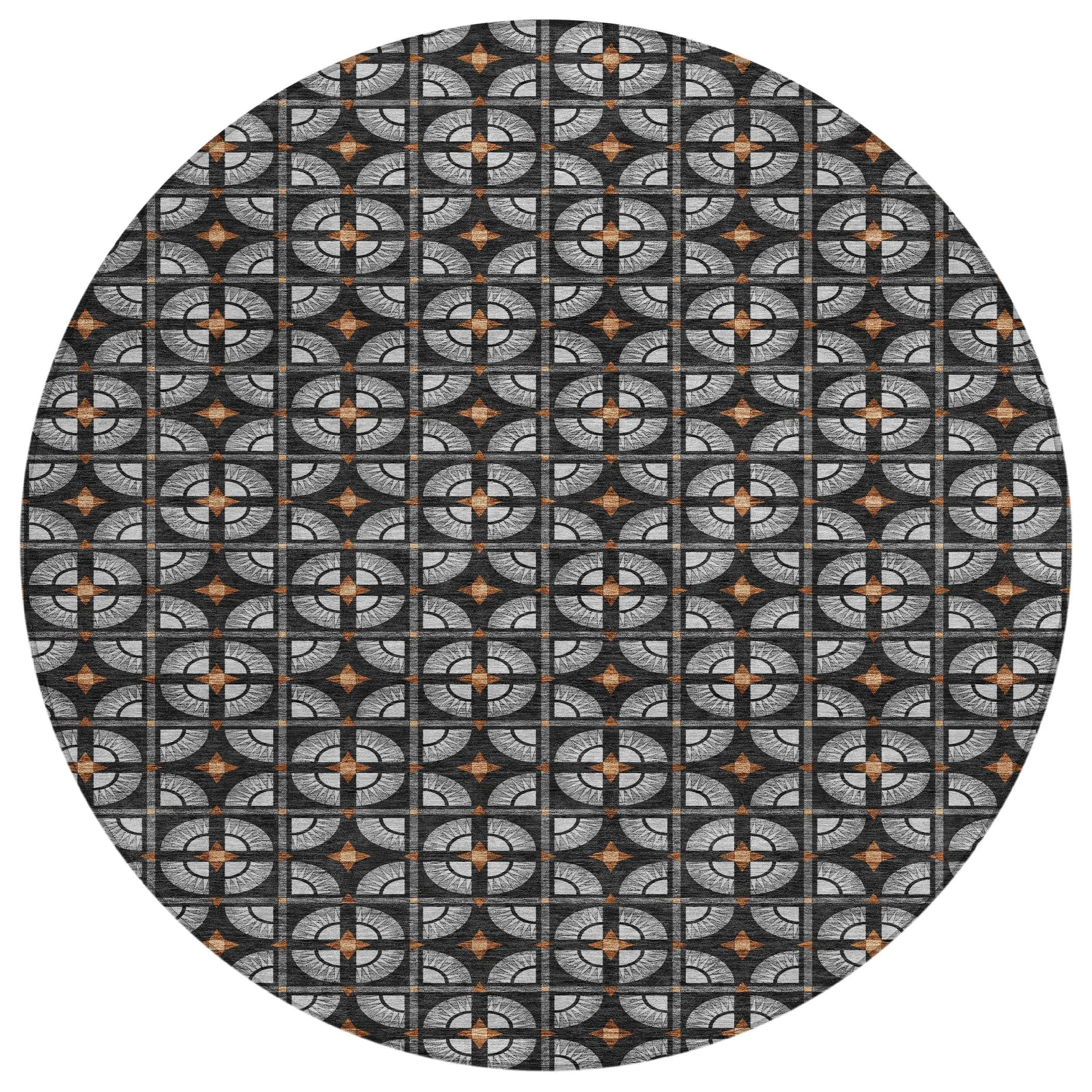 8' Black And Silver Round Geometric Washable Indoor Outdoor Area Rug Homeroots Outdoor
