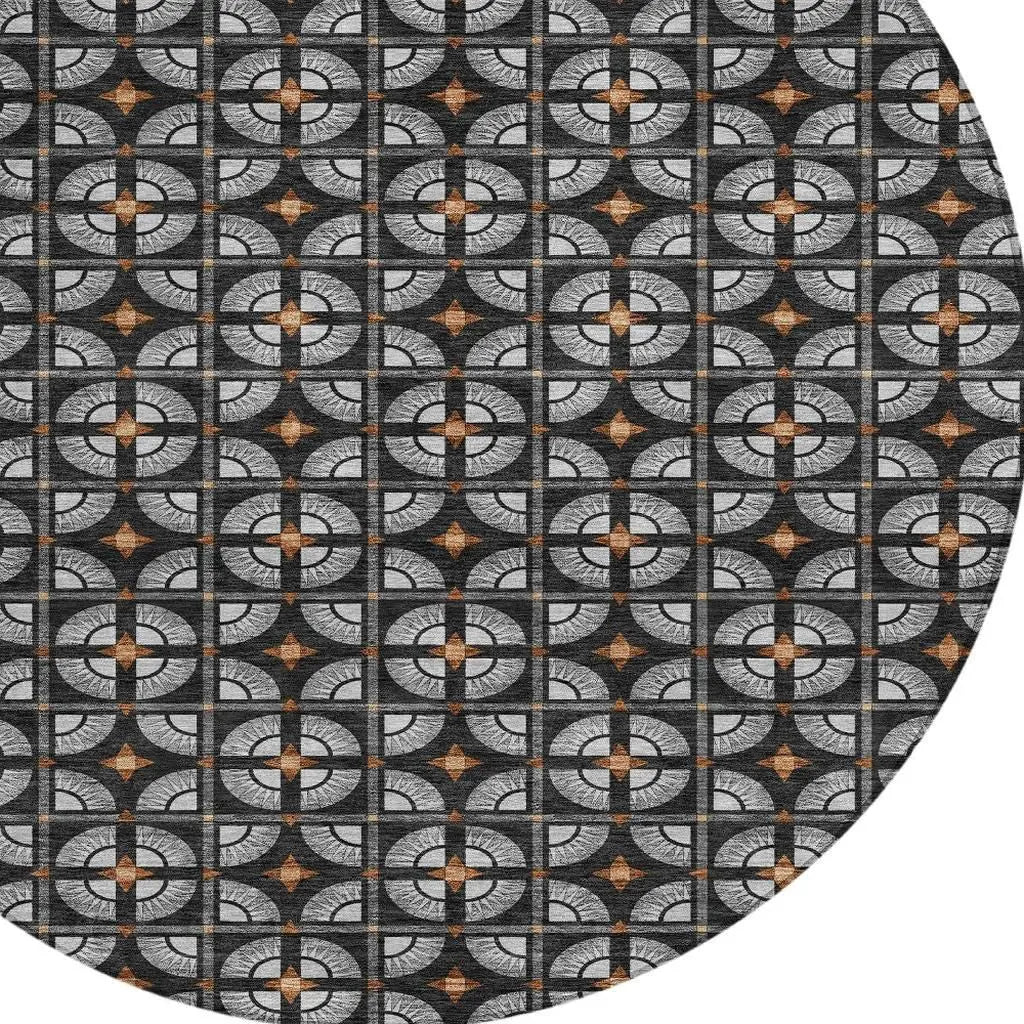 8' Black And Silver Round Geometric Washable Indoor Outdoor Area Rug Homeroots Outdoor