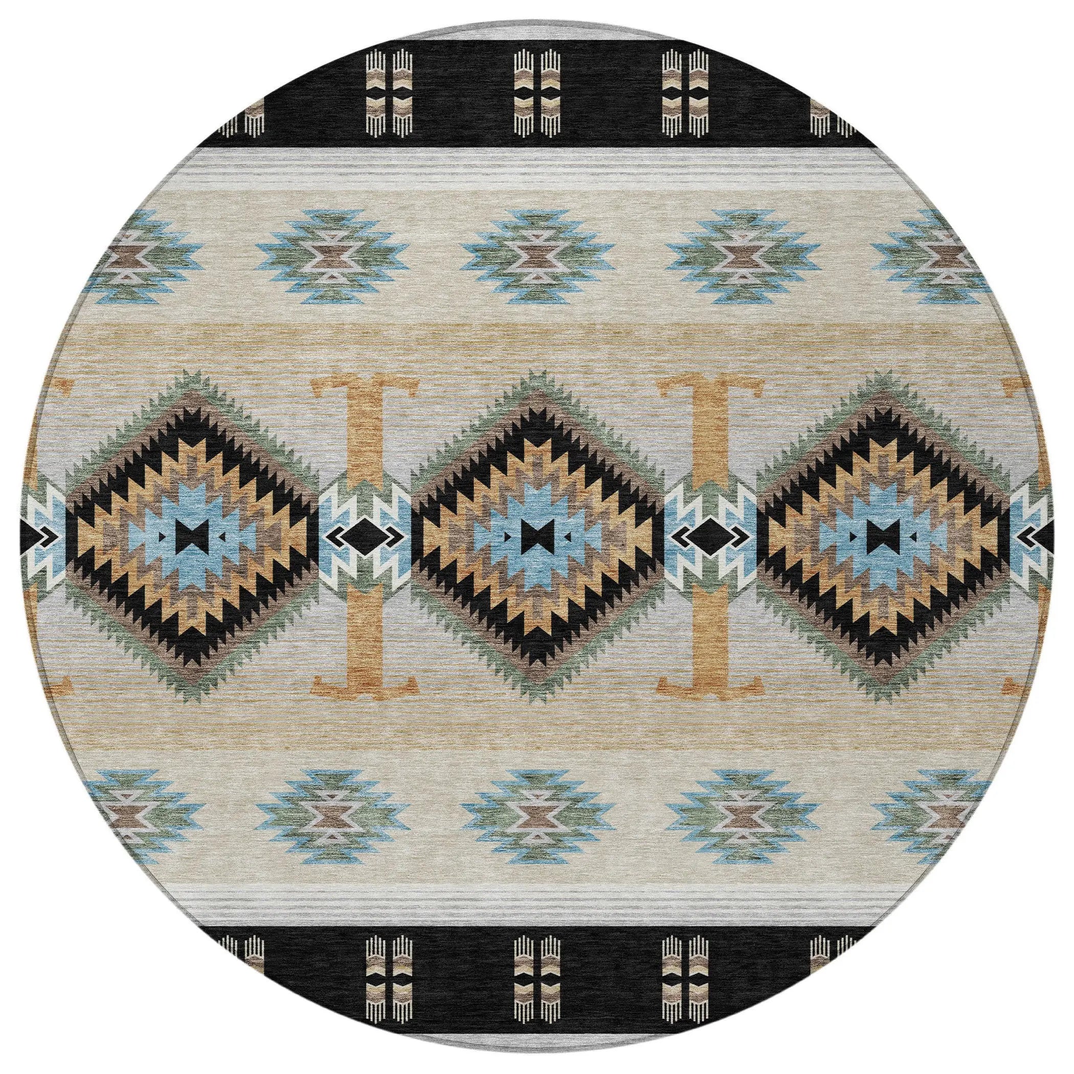 8' Black And Tan Round Southwestern Washable Indoor Outdoor Area Rug Homeroots Outdoor