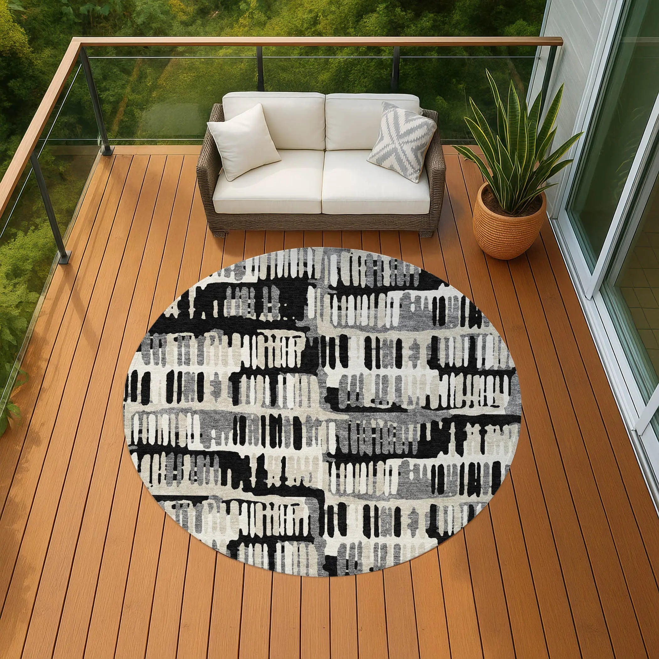 8' Black And Taupe Round Abstract Washable Indoor Outdoor Area Rug Homeroots Outdoor