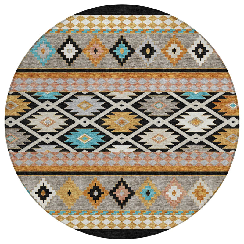 8' Black And Taupe Round Southwestern Washable Indoor Outdoor Area Rug Homeroots Outdoor