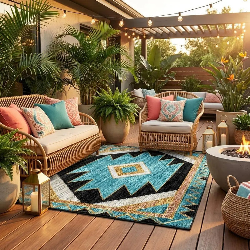 8' Black And Taupe Round Southwestern Washable Indoor Outdoor Area Rug Homeroots Outdoor