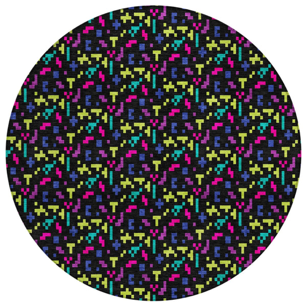 8' Black And Teal Blue Round Abstract Washable Indoor Outdoor Area Rug Homeroots Outdoor