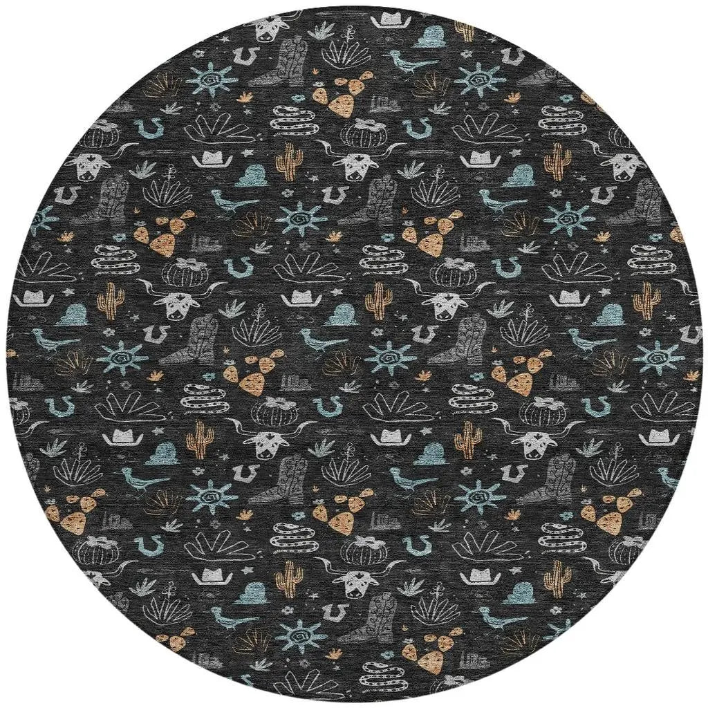 8' Black And Teal Blue Round Cactus Washable Indoor Outdoor Area Rug Homeroots Outdoor