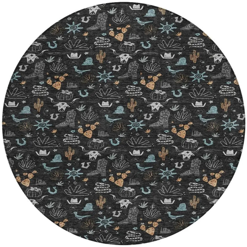8' Black And Teal Blue Round Cactus Washable Indoor Outdoor Area Rug Homeroots Outdoor