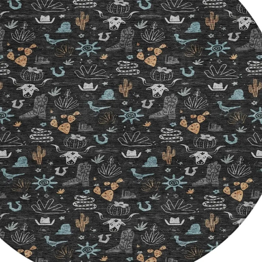 8' Black And Teal Blue Round Cactus Washable Indoor Outdoor Area Rug Homeroots Outdoor