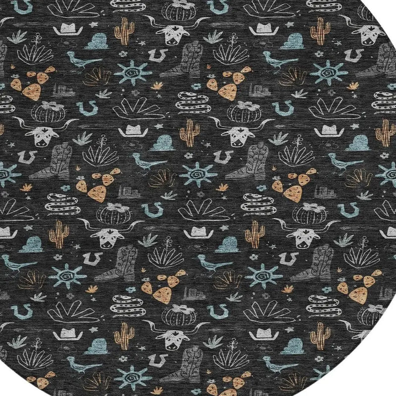 8' Black And Teal Blue Round Cactus Washable Indoor Outdoor Area Rug Homeroots Outdoor