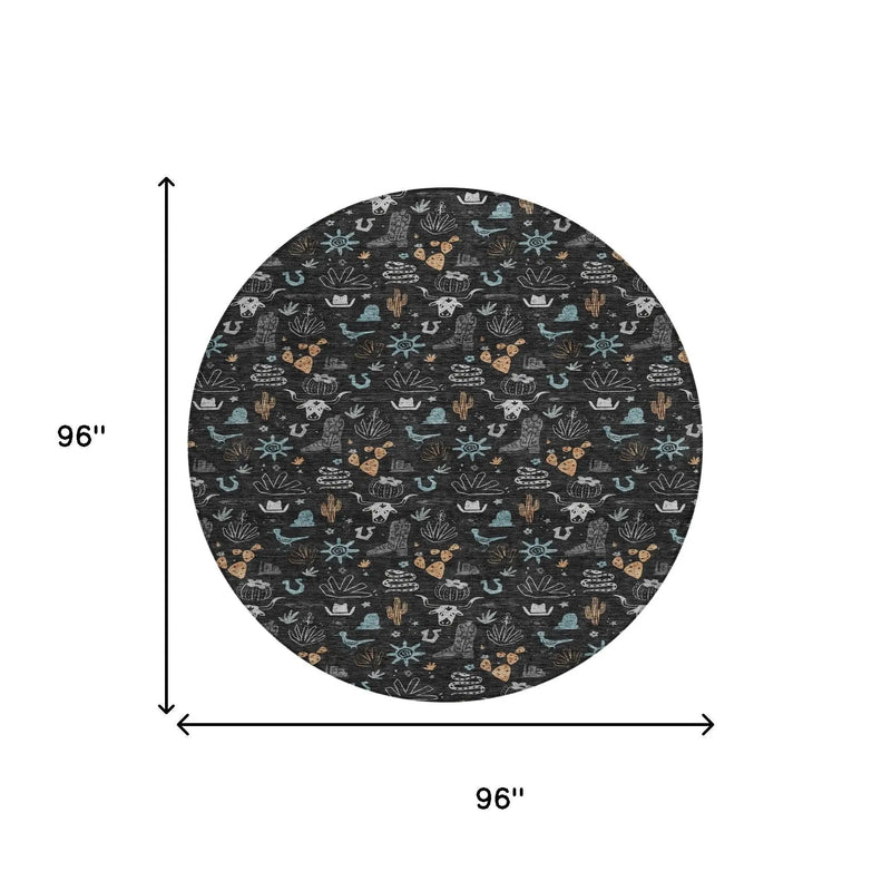 8' Black And Teal Blue Round Cactus Washable Indoor Outdoor Area Rug Homeroots Outdoor