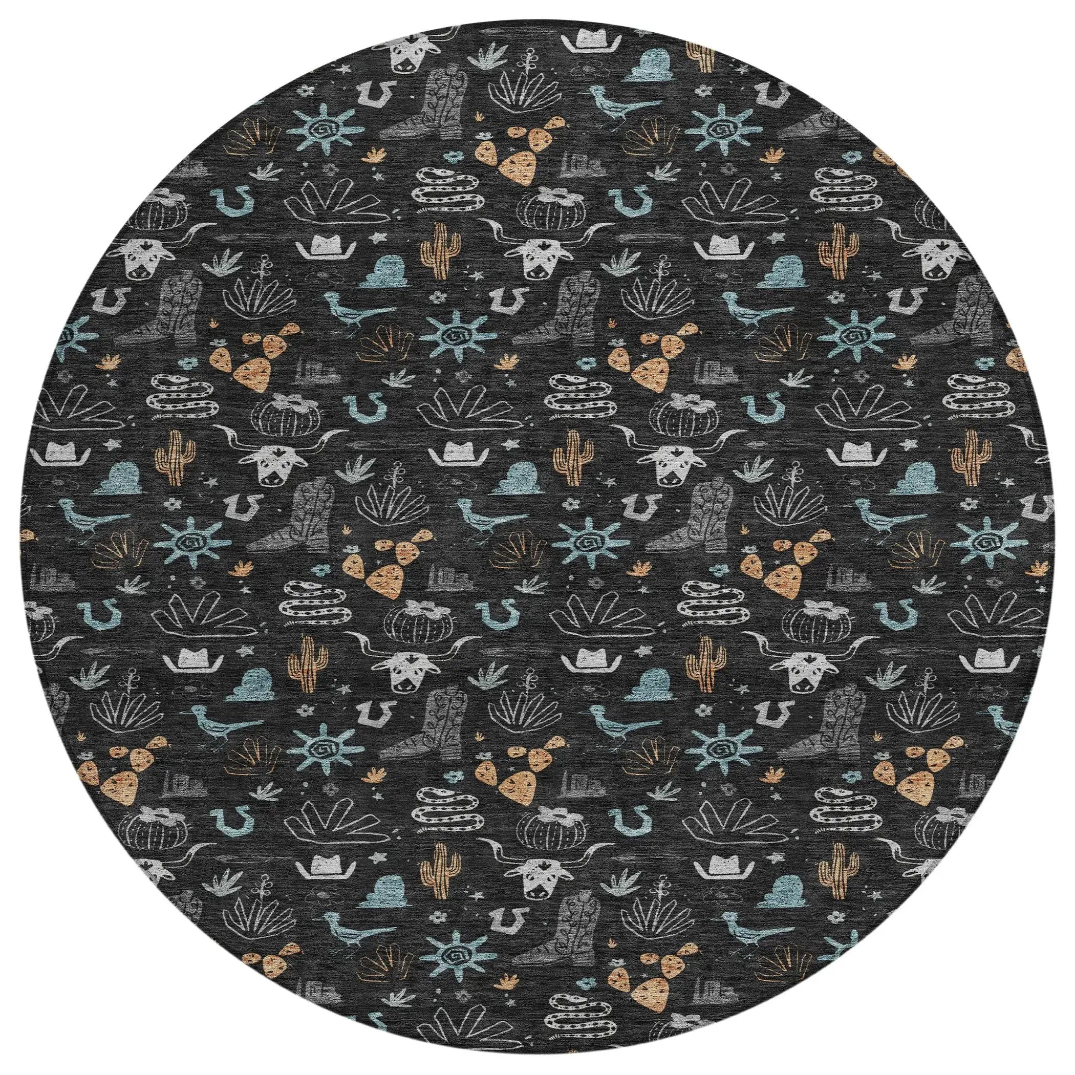 8' Black And Teal Blue Round Cactus Washable Indoor Outdoor Area Rug Homeroots Outdoor