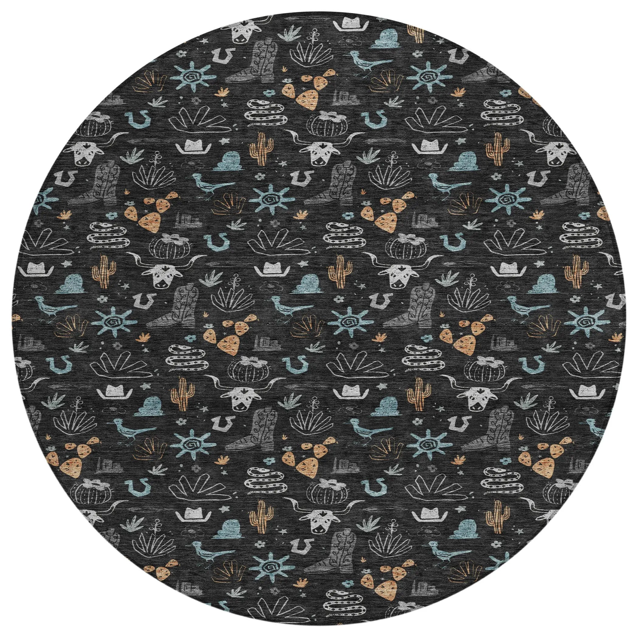 8' Black And Teal Blue Round Cactus Washable Indoor Outdoor Area Rug Homeroots Outdoor
