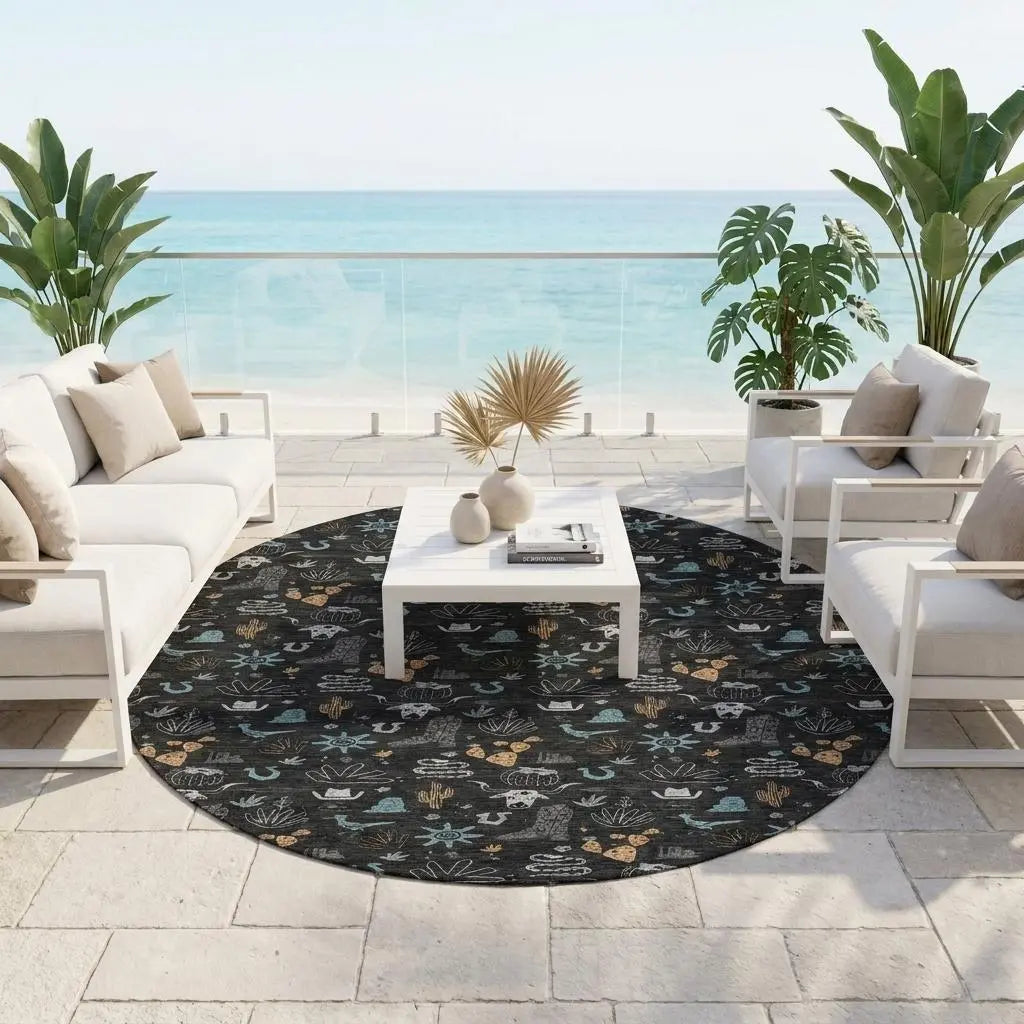 8' Black And Teal Blue Round Cactus Washable Indoor Outdoor Area Rug Homeroots Outdoor