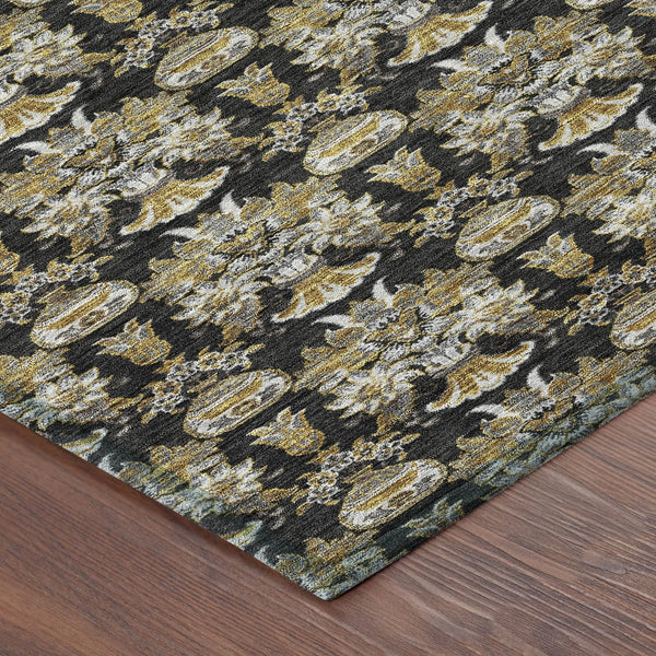 8' Black And Wheat Round Floral Washable Indoor Outdoor Area Rug Homeroots Outdoor