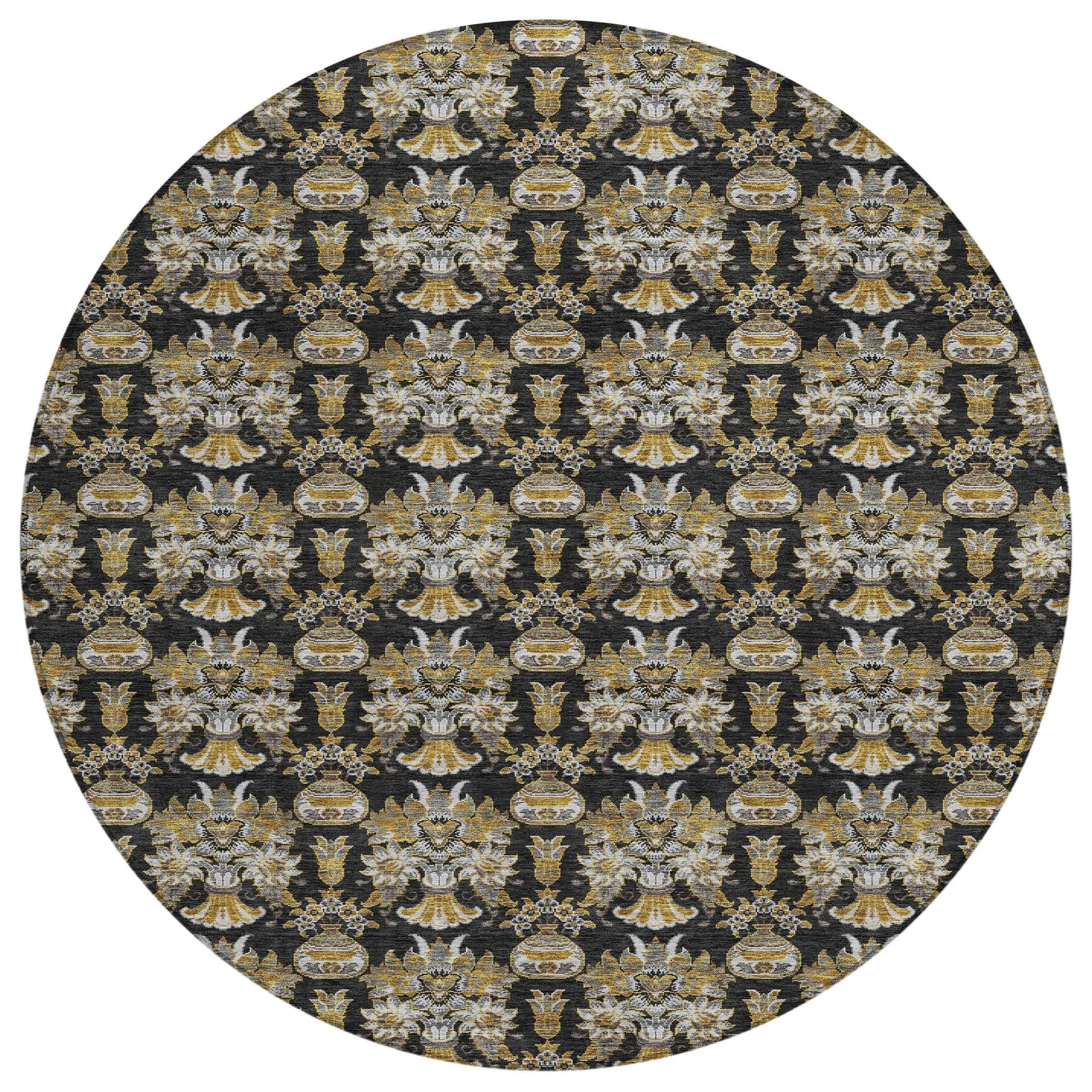 8' Black And Wheat Round Floral Washable Indoor Outdoor Area Rug Homeroots Outdoor