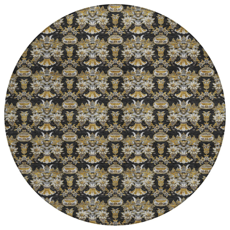 8' Black And Wheat Round Floral Washable Indoor Outdoor Area Rug Homeroots Outdoor