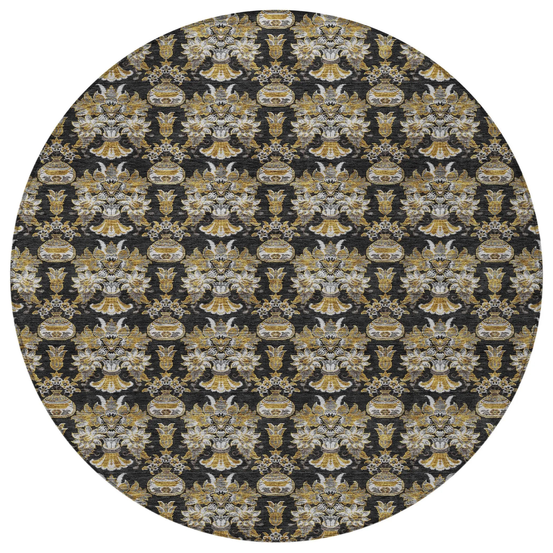 8' Black And Wheat Round Floral Washable Indoor Outdoor Area Rug Homeroots Outdoor