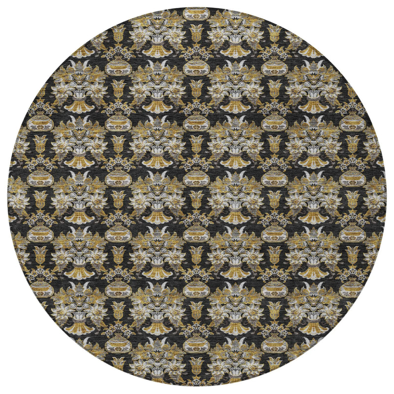 8' Black And Wheat Round Floral Washable Indoor Outdoor Area Rug Homeroots Outdoor