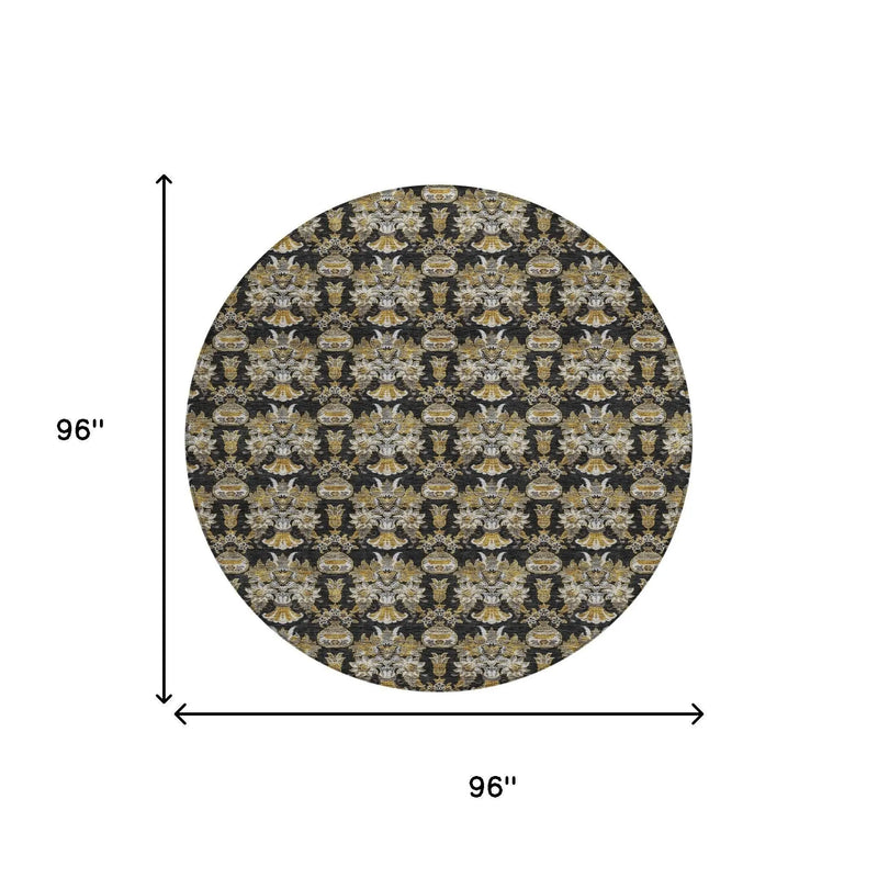 8' Black And Wheat Round Floral Washable Indoor Outdoor Area Rug Homeroots Outdoor