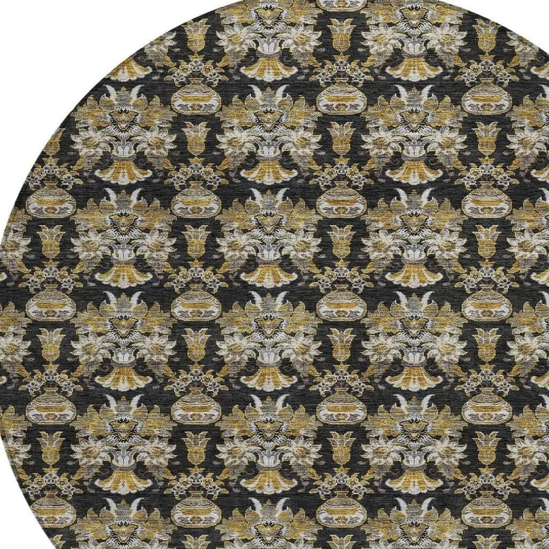 8' Black And Wheat Round Floral Washable Indoor Outdoor Area Rug Homeroots Outdoor