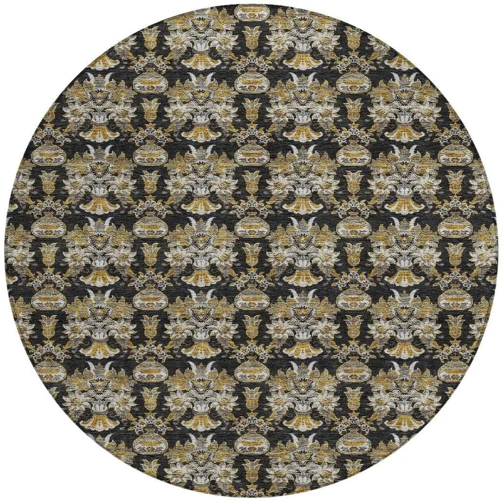 8' Black And Wheat Round Floral Washable Indoor Outdoor Area Rug Homeroots Outdoor