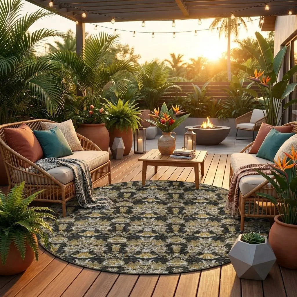 8' Black And Wheat Round Floral Washable Indoor Outdoor Area Rug Homeroots Outdoor