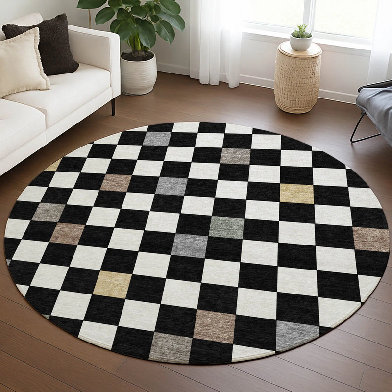 8' Black And Yellow Round Geometric Washable Indoor Outdoor Area Rug Homeroots Outdoor