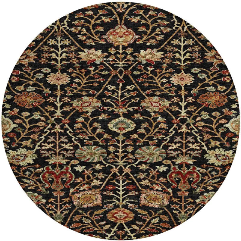 8' Black Brown And Red Round Floral Washable Indoor Outdoor Area Rug Homeroots Outdoor