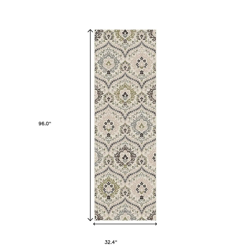 8' Black Ivory And Gray Floral Runner Rug Homeroots Home Decor