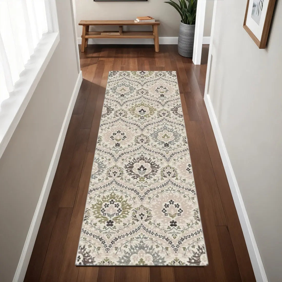 8' Black Ivory And Gray Floral Runner Rug Homeroots Home Decor