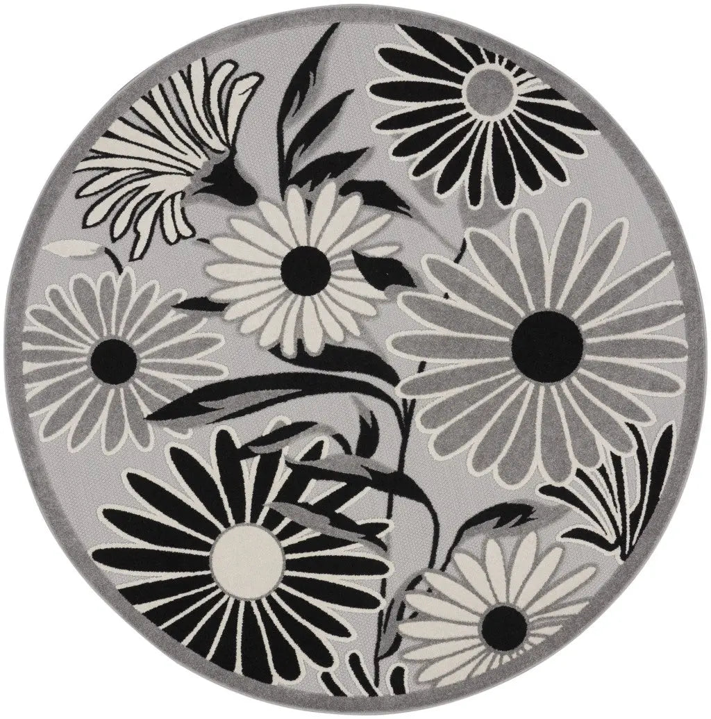 8' Black and White Round Floral Indoor Outdoor Area Rug Homeroots Outdoor