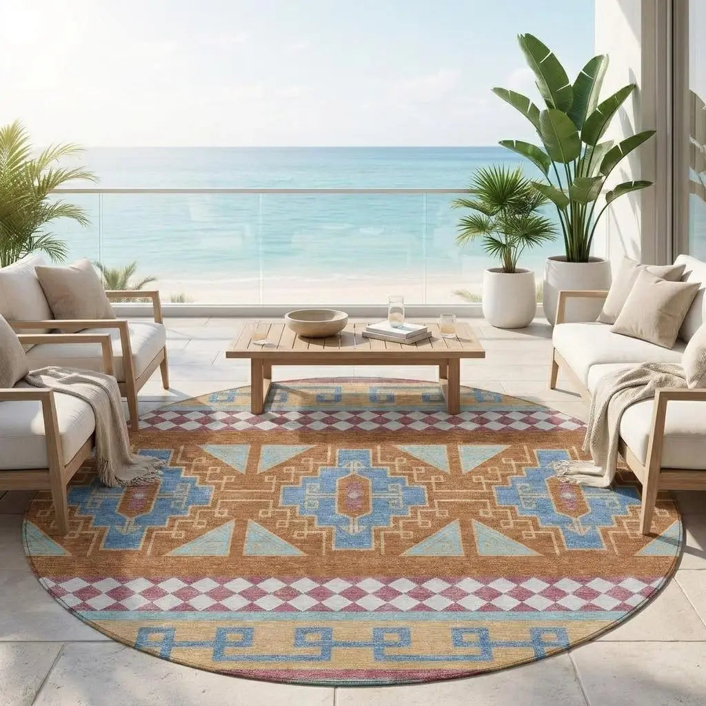 8' Blue And Aqua Round Tribal Washable Indoor Outdoor Area Rug Homeroots Outdoor