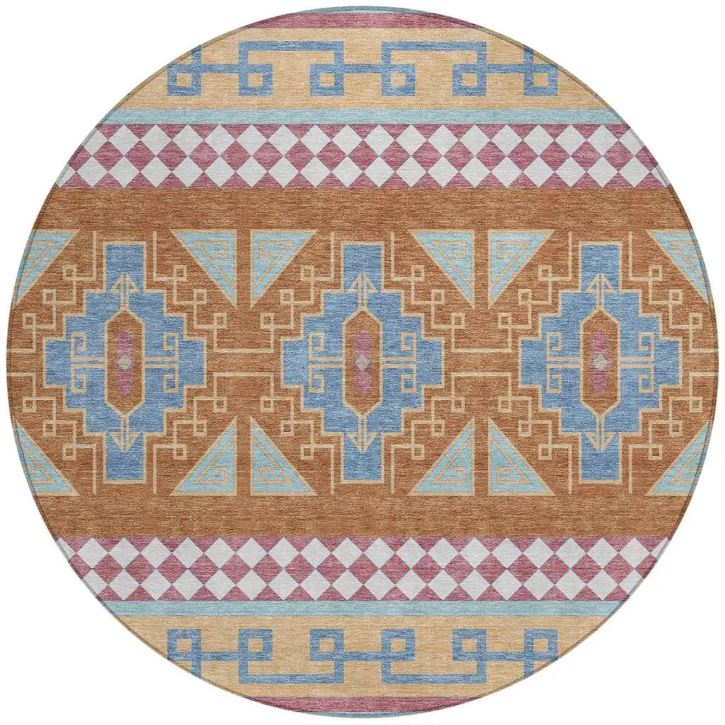 8' Blue And Aqua Round Tribal Washable Indoor Outdoor Area Rug Homeroots Outdoor