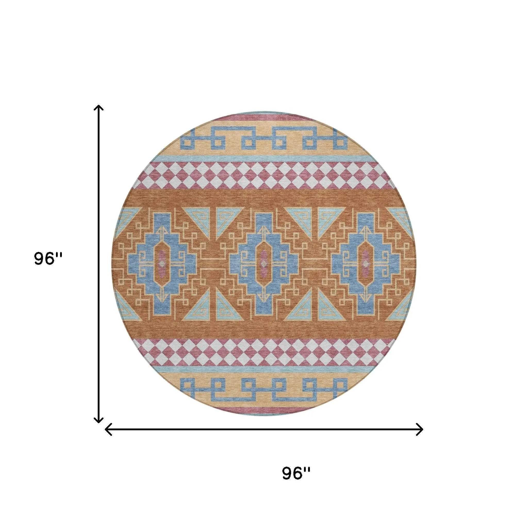 8' Blue And Aqua Round Tribal Washable Indoor Outdoor Area Rug Homeroots Outdoor