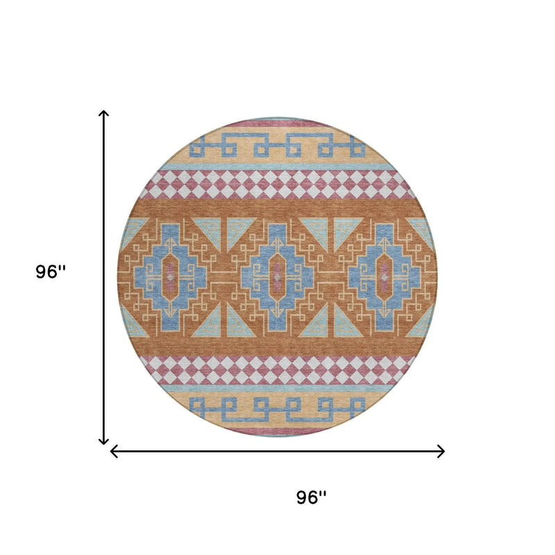 8' Blue And Aqua Round Tribal Washable Indoor Outdoor Area Rug Homeroots Outdoor