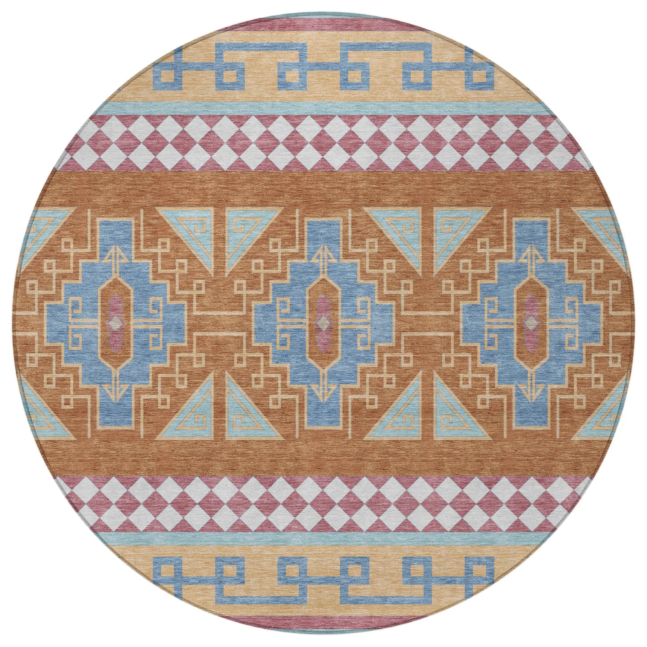 8' Blue And Aqua Round Tribal Washable Indoor Outdoor Area Rug Homeroots Outdoor