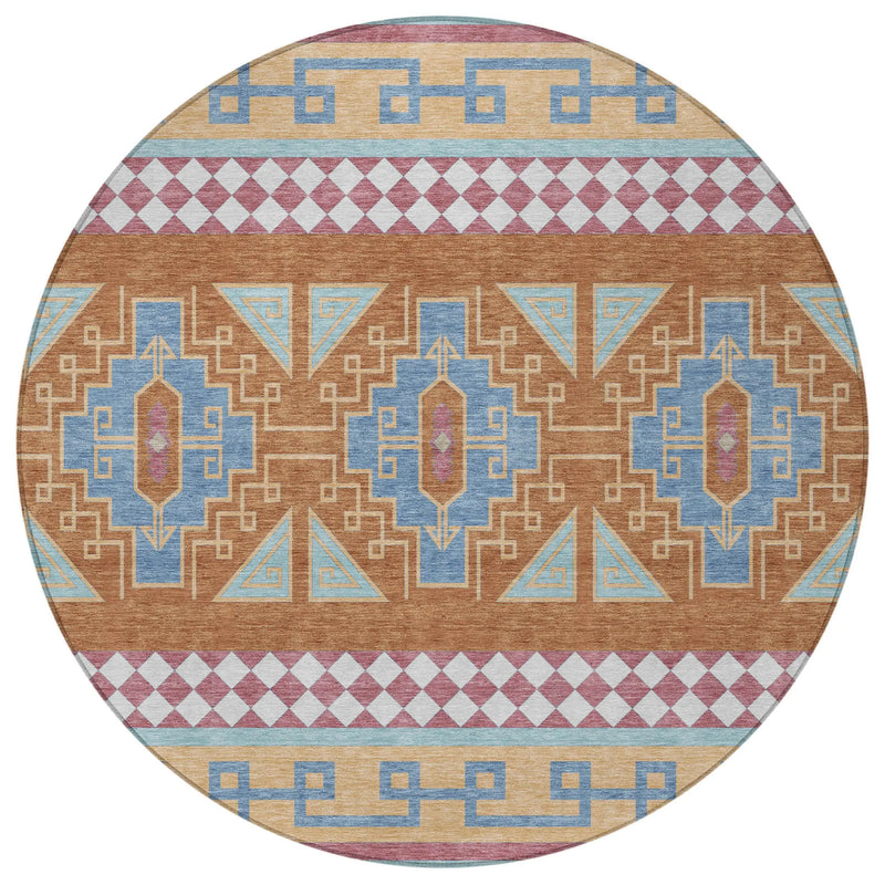 8' Blue And Aqua Round Tribal Washable Indoor Outdoor Area Rug Homeroots Outdoor