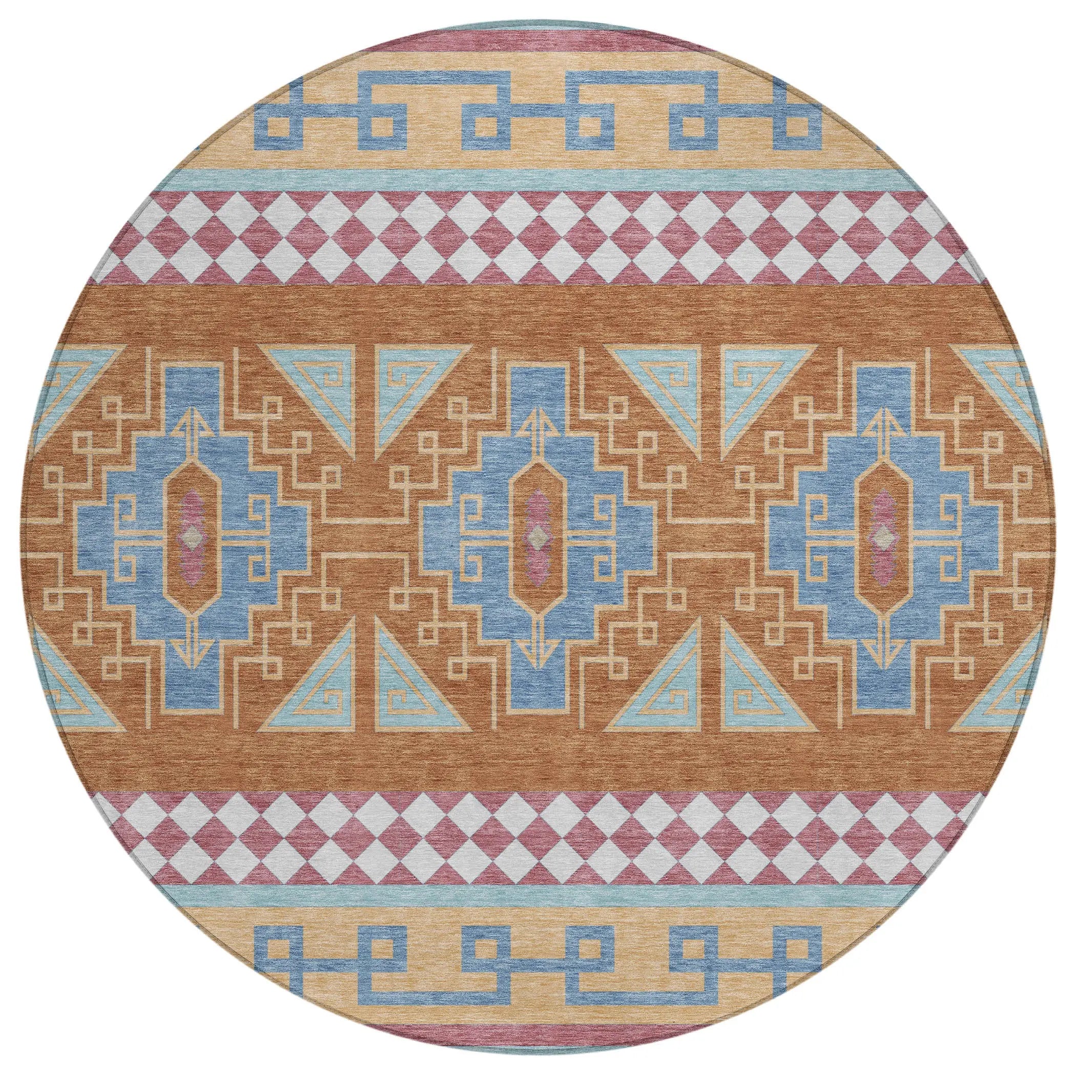 8' Blue And Aqua Round Tribal Washable Indoor Outdoor Area Rug Homeroots Outdoor