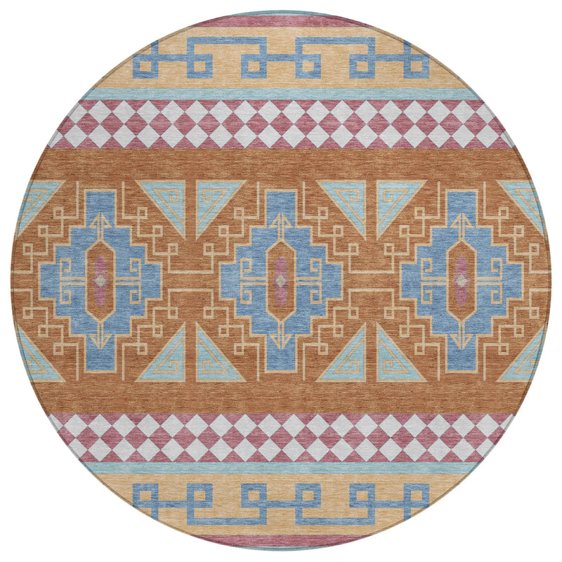 8' Blue And Aqua Round Tribal Washable Indoor Outdoor Area Rug Homeroots Outdoor