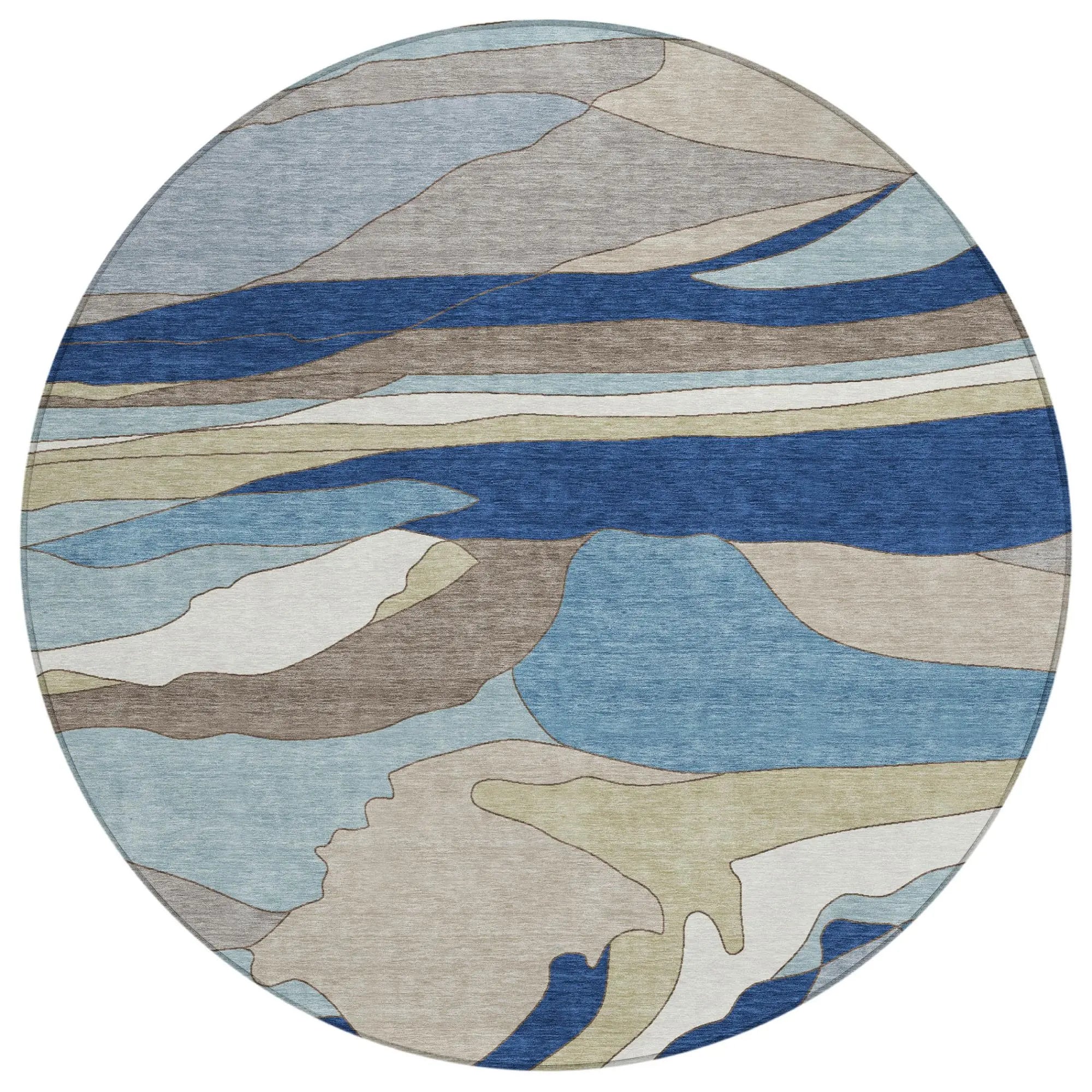 8' Blue And Beige Round Abstract Washable Indoor Outdoor Area Rug Homeroots Outdoor