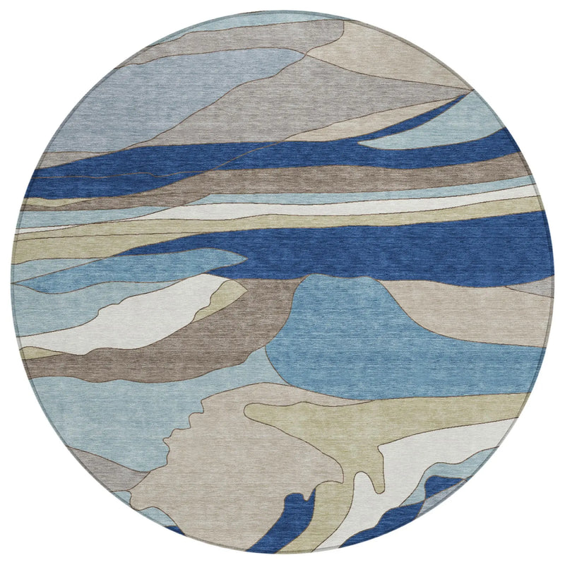 8' Blue And Beige Round Abstract Washable Indoor Outdoor Area Rug Homeroots Outdoor