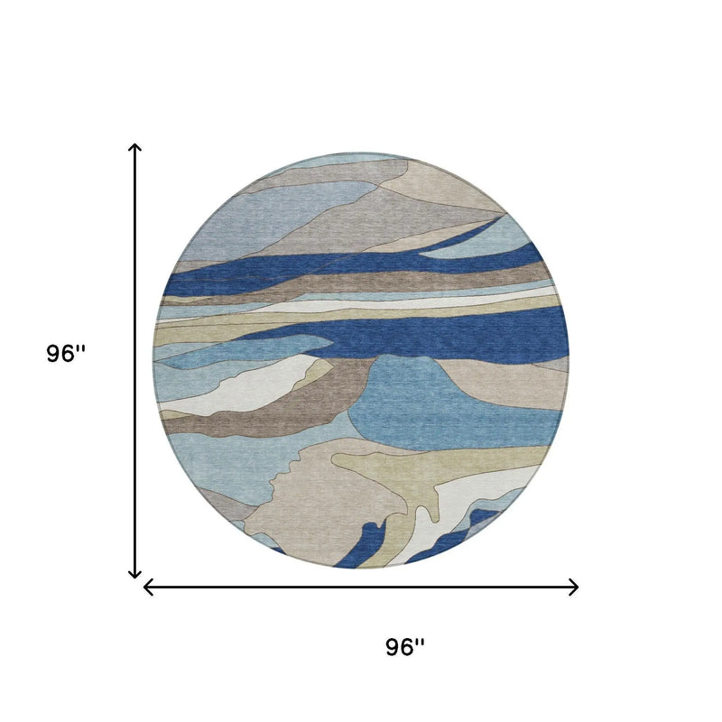 8' Blue And Beige Round Abstract Washable Indoor Outdoor Area Rug Homeroots Outdoor