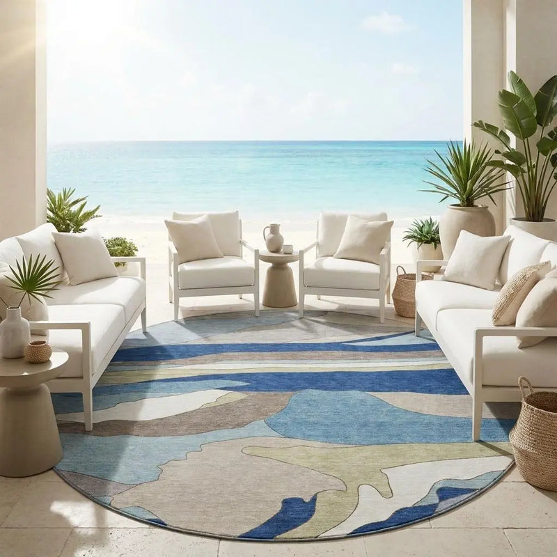 8' Blue And Beige Round Abstract Washable Indoor Outdoor Area Rug Homeroots Outdoor